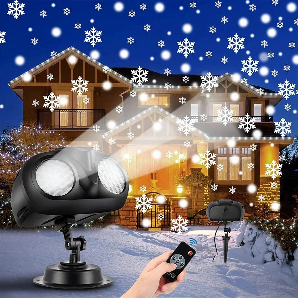 Christmas Snowfall Projector Light Updated Double-tube Snowflake Projector Lamp Outdoor Holiday Rotating Falling Snow Spotlight